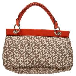 Pre Owned Dkny Orange/Beige Signature Canvas and Leather Top Handle Bag