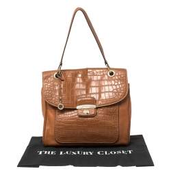 DKNY Brown Croc Embossed and Leather Turnlock Flap Top Handle Bag