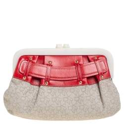 Pre Owned DKNY Beige/Orange Signature Canvas and Leather Kisslock Frame Clutch