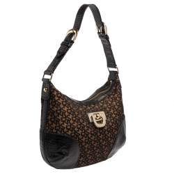 Pre Owned حقيبة هوبو دي كيه إن واي جلد و كانفاس مطبوع نقشة شعار الماركة أسود و بني