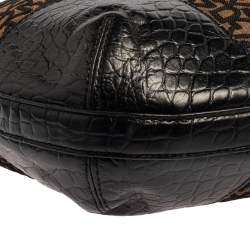 Pre Owned حقيبة هوبو دي كيه إن واي جلد و كانفاس مطبوع نقشة شعار الماركة أسود و بني