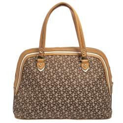 Pre Owned Dkny Brown/Beige Monogram Canvas and Leather Dome Satchel