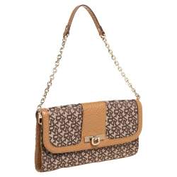 Pre Owned DKNY Brown/Beige Signature Canvas and Leather Chain Shoulder Bag