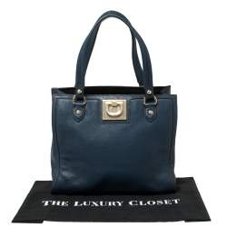 Pre Owned DKNY Navy Blue Leather Middle Zip Tote