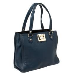 Pre Owned DKNY Navy Blue Leather Middle Zip Tote