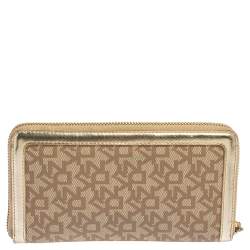 Pre Owned DKNY Beige Signature Coated Canvas and Leather Zip Around Wallet