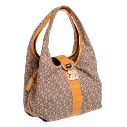 Pre Owned حقيبة هوبو دي كيه إن واي قفل كبس جلد نقشة التمساح و كانفاس مطبوع شعار الماركة بني و بيج