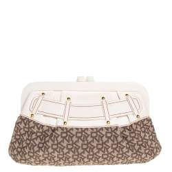 Pre Owned DKNY Beige/Brown Signature Canvas and Leather Kisslock Frame Clutch