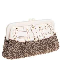 Pre Owned DKNY Beige/Brown Signature Canvas and Leather Kisslock Frame Clutch