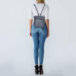 Pre Owned DKNY Grey Leather Tilly Stacked Logo Backpack
