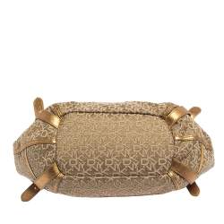 Pre Owned DKNY Gold/Beige Signature Fabric and Leather Satchel