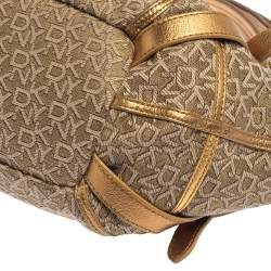 Pre Owned DKNY Gold/Beige Signature Fabric and Leather Satchel