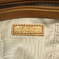 Pre Owned DKNY Gold/Beige Signature Fabric and Leather Satchel
