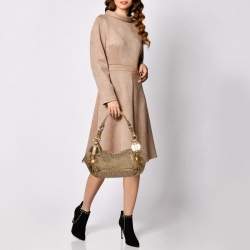 Pre Owned DKNY Gold/Beige Signature Fabric and Leather Satchel