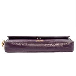 Pre Owned DKNY Purple Lizard Embossed Leather Flap Chain Clutch