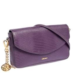 Pre Owned DKNY Purple Lizard Embossed Leather Flap Chain Clutch