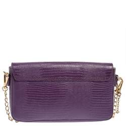Pre Owned DKNY Purple Lizard Embossed Leather Flap Chain Clutch