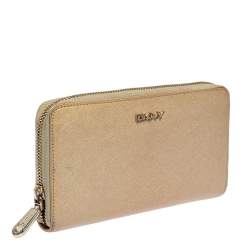 Pre Owned Dkny Metallic Beige Leather Zip Around Wallet