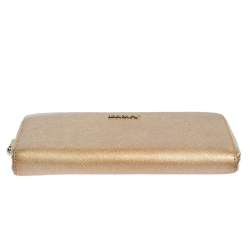 Pre Owned Dkny Metallic Beige Leather Zip Around Wallet