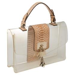 Pre Owned DKNY Beige PVC and Python Embossed Leather Elissa Clear Top Handle Bag