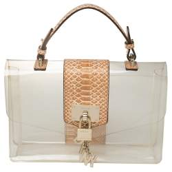 Pre Owned DKNY Beige PVC and Python Embossed Leather Elissa Clear Top Handle Bag