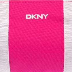 Pre Owned Dkny Pink/White Logo Stripe Nylon Wristlet Pouch