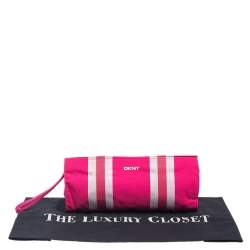 Pre Owned Dkny Pink/White Logo Stripe Nylon Wristlet Pouch