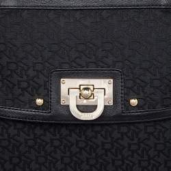 Pre Owned DKNY Black Signature Canvas And Leather Flap Lock Top Handle Bag