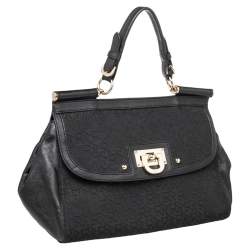 Pre Owned DKNY Black Signature Canvas And Leather Flap Lock Top Handle Bag