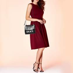 Pre Owned DKNY Black/White Leather Logo Embellished Shoulder Bag