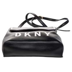 Pre Owned DKNY Black/White Leather Logo Embellished Shoulder Bag