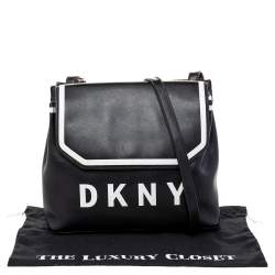 Pre Owned DKNY Black/White Leather Logo Embellished Shoulder Bag