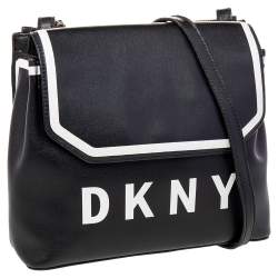 Pre Owned DKNY Black/White Leather Logo Embellished Shoulder Bag