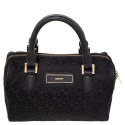 Pre Owned Dkny Black Monogram Canvas And Leather Boston Bag