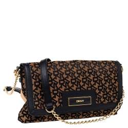 Pre Owned Dkny Brown Signature Canvas And Leather Chain Shoulder Bag
