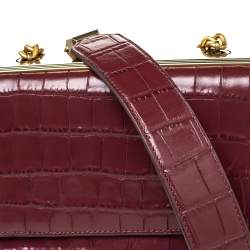 Pre Owned  حقيبة كتف دي إن كي واي جلد بنقشة التمساح عنابي صغيرة بسلسلة