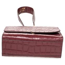 Pre Owned  حقيبة كتف دي إن كي واي جلد بنقشة التمساح عنابي صغيرة بسلسلة