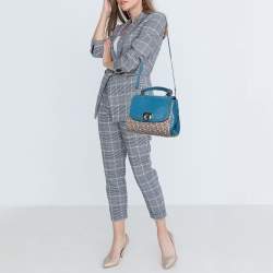 Pre Owned DKNY Signature Canvas and Croc Embossed Leather Flap Lock Top Handle Bag