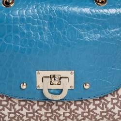 Pre Owned DKNY Signature Canvas and Croc Embossed Leather Flap Lock Top Handle Bag