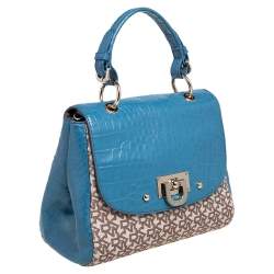 Pre Owned DKNY Signature Canvas and Croc Embossed Leather Flap Lock Top Handle Bag