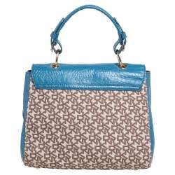 Pre Owned DKNY Signature Canvas and Croc Embossed Leather Flap Lock Top Handle Bag