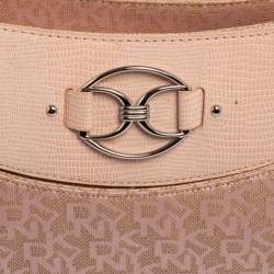 Pre Owned Dkny Pink Signature Canvas and Lizard Embossed Leather Hobo