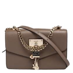 Pre Owned حقيبة كتف دي كيه إن واي جلد بيج داكن ذات قلاب بقفل