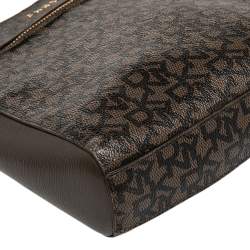 Pre Owned DKNY Brown Signature Canvas And Leather Top Zip Shoulder Bag