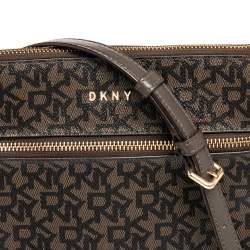 Pre Owned DKNY Brown Signature Canvas And Leather Top Zip Shoulder Bag