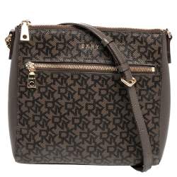 Pre Owned DKNY Brown Signature Canvas And Leather Top Zip Shoulder Bag