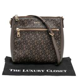 Pre Owned DKNY Brown Signature Canvas And Leather Top Zip Shoulder Bag
