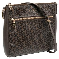 Pre Owned DKNY Brown Signature Canvas And Leather Top Zip Shoulder Bag