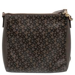 Pre Owned DKNY Brown Signature Canvas And Leather Top Zip Shoulder Bag