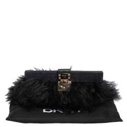 Pre Owned Dkny Black/Navy Blue Leather and Faux Fur Pushlock Flap Clutch